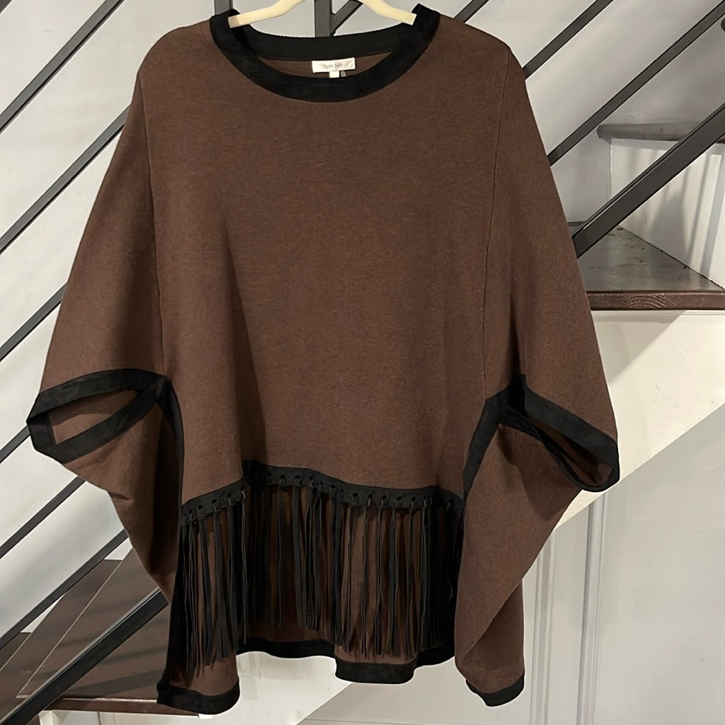Tyler Boe Brown Black Fringe Cotton Cashmere Poncho Cape Western Small Nwt